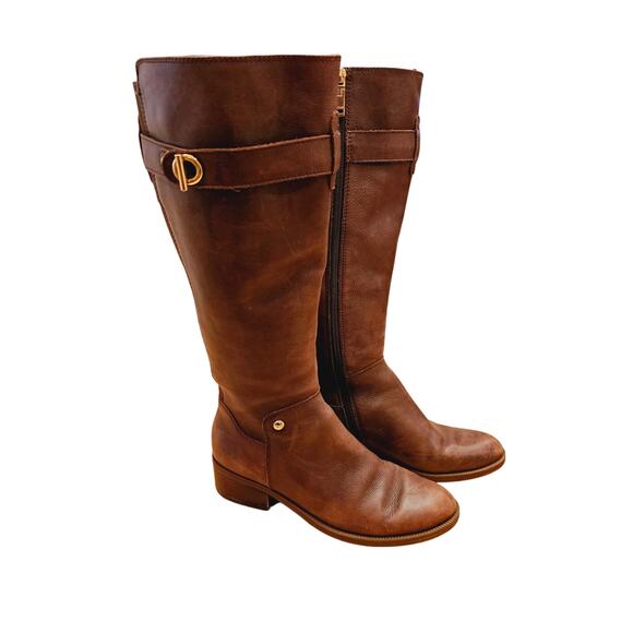 Tommy Hilfiger Cognac Leather Trail Riding Boots Women's Size 7.5M Brown - Picture 1 of 12